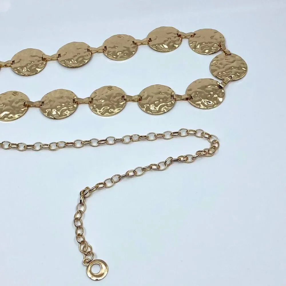 Y2K Boho Gold Hammered Disc Coin Chain Belt, Fits 24.5–42 Inches, X7GA1153